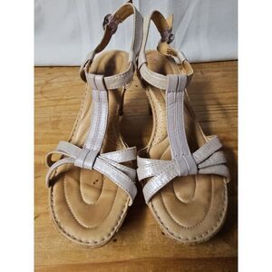 Born Crown metallic‎ Tan Leather Upper CORK heel sandals sling back Sz 38 / 7M